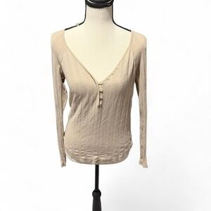 Be Cool Ribbed Henley Long Sleeve Neutral Top M/L